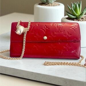 Louis Vuitton Red Embossed Clutch with Gold Chain